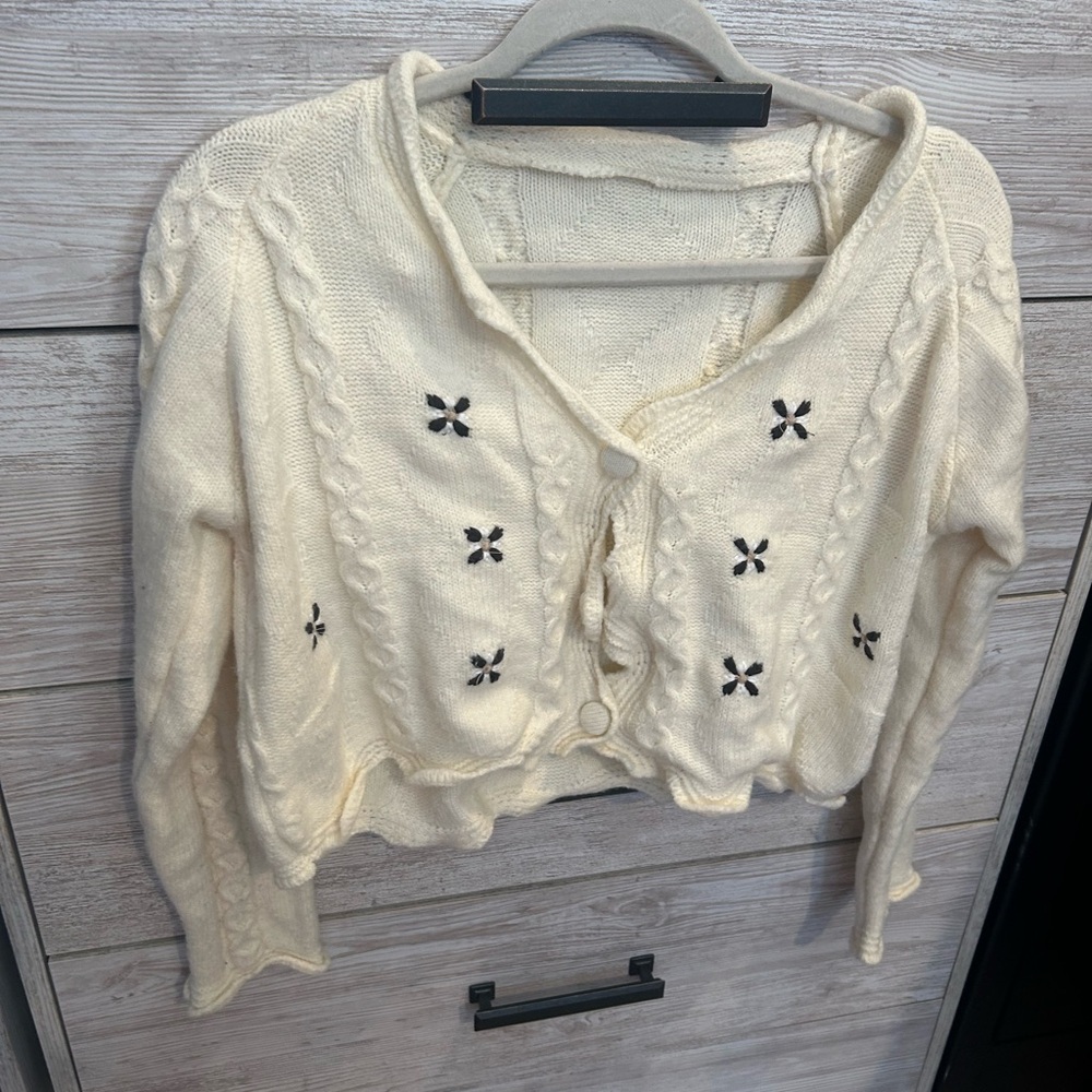 Shein Cream V Neck Floral Button Up Cardigan Sweater with Black Accents - Picture 3 of 7